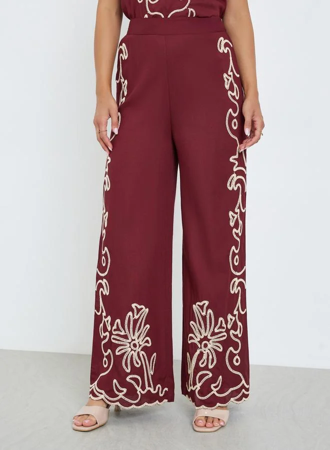 Styli Women Burgundy Embroidered Wide Leg Trousers